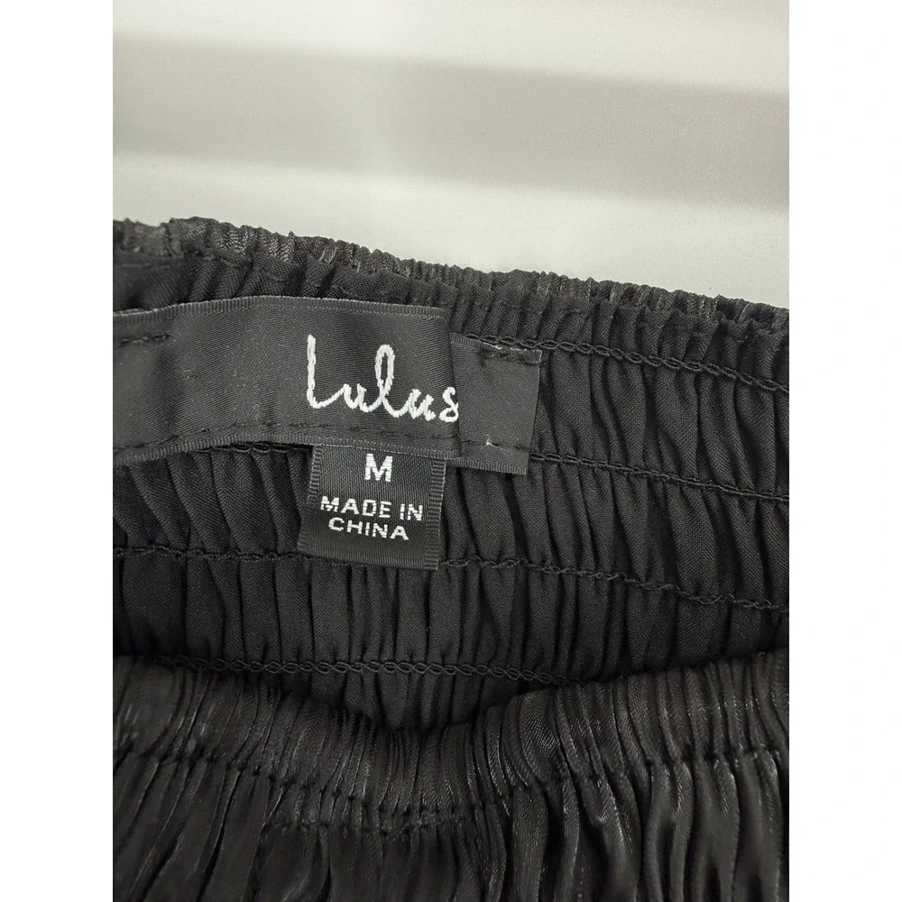 Lulus Black Smocked Square Neck Bodysuit with Satin Balloon Sleeves & Cutout M - Picture 3 of 6